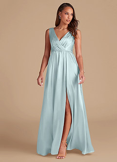 Azazie Tanicia Bridesmaid Dresses Mist A-Line Pleated Metallic Satin Dress image3