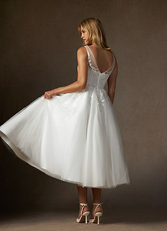 Azazie Dolores Wedding Dresses Diamond White A-Line V-Neck lace Satin Dress image2