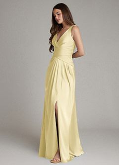 Azazie Pauline Bridesmaid Dresses Lemon Sorbet A-Line Pleated Stretch Satin Dress image6