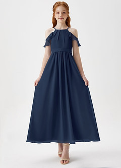 Azazie Chaya Junior Dark Navy A-Line Off the Shoulder Chiffon Dress image4