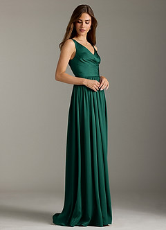 Azazie Keyla Bridesmaid Dresses Emerald A-Line Pleated Stretch Satin Dress image5