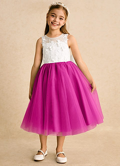 Azazie Lina Flower Girl Dresses Ivory Fuchsia Ball-Gown Lace Dress image5
