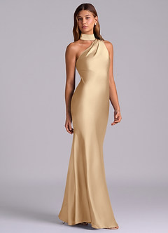 Azazie Seona Bridesmaid Dresses Champagne Mermaid One Shoulder Stretch Satin Dress image5