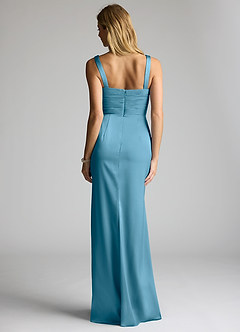 Azazie Elida Bridesmaid Dresses Steel Blue Sheath Pleated Stretch Satin Dress image4