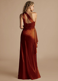 Azazie Maive Bridesmaid Dresses Auburn Sheath Ruched Metallic Satin Dress image3