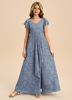 Azazie Omari Junior Dusty Blue A-Line Pleated Floral Burnout Dress image3