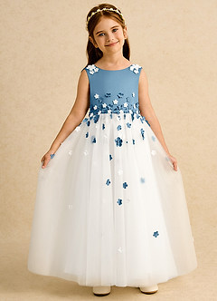 Azazie Eleni Flower Girl Dresses Ivory Steel Blue Ball-Gown Bow Tulle Dress image4