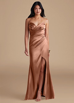 Azazie Yola Bridesmaid Dresses Bronzer Sheath Pleated Metallic Satin Dress image1
