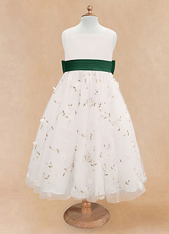 Azazie Pollie Flower Girl Dresses Ivory Dark Green A-Line Bow Tulle Dress image11