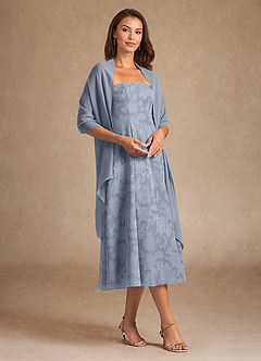 Azazie Lorain vestidos de madre de la novia Vestido de Azul Polvoriento de Devorado Floral de Corte En A con Plisado image4