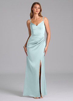 Azazie Leo Bridesmaid Dresses Sea Glass Sheath Pleated Stretch Satin Dress image1