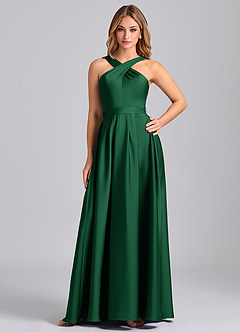 Azazie Dixie Robes de demoiselle d'honneur Robe Trapèze en Satin extensible Plissée Vert Foncé image1