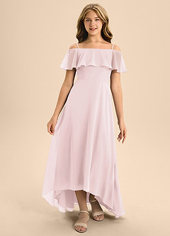 Azazie Maggie Junior Blushing Pink A-Line Off the Shoulder Chiffon Dress image5