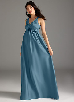 Azazie Yetta Maternity Bridesmaid Dresses A-Line Pleated Stretch Satin Floor-Length Dress image6