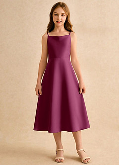 Azazie Jaella Girls Formal Blomsterpigekjoler A-Line Plisseret Mat satin Te-længde Kjole image3