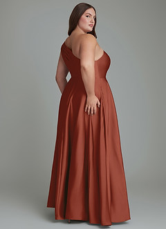 Azazie Melanie Vestidos de madrinha de casamento Vestido Castanho Aloirado de Cetim elástico de Linha A com Ombros Caídos image8