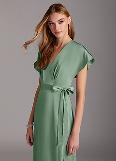 Azazie Nico Bridesmaid Dresses Matcha A-Line V-Neck Stretch Satin Dress image6