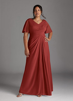 Azazie Emmeline Mother of the Bride Dresses Rust A-Line V-Neck Pleated Mesh Dress image8