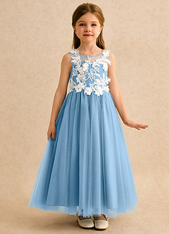 Azazie Mixie vestidos de niña de las flores Vestido de Azul Acero de Encaje de Corte Princesa image5