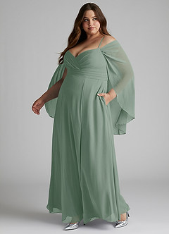 Azazie Cienna Brautjungfernkleider A-Linie Langarm Chiffon Kleid Silberner Salbei image10