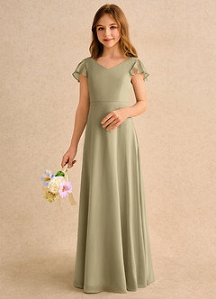 Azazie Nari Girls Formal Flower Girl Dresses Moss Green A-Line with Sleeves Chiffon Dress image4