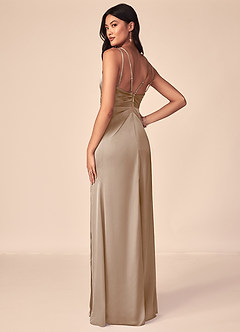 Azazie Aqua Bridesmaid Dresses Taupe A-Line V-Neck Pleated Stretch Satin Dress image3