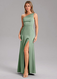 Azazie Feby Bridesmaid Dresses Matcha A-Line One Shoulder Stretch Satin Dress image6