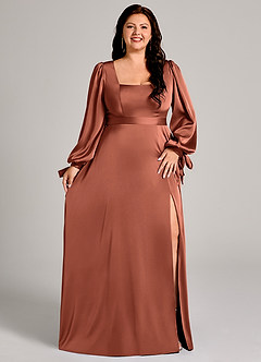 Azazie Leonia Bridesmaid Dresses Clay A-Line Long Sleeve Stretch Satin Dress image11