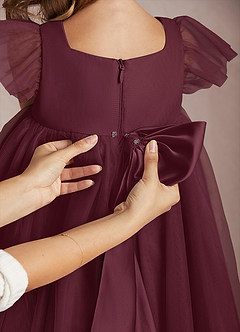 Azazie Kalio Flower Girl Dresses Cabernet A-Line with Sleeves Tulle Dress image4