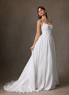 Azazie Sariah Wedding Dresses Diamond White A-Line Lace Stretch Satin Dress image5