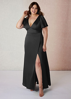 Azazie Lani Bridesmaid Dresses Black A-Line Flounce Sleeve Stretch Satin Dress image7