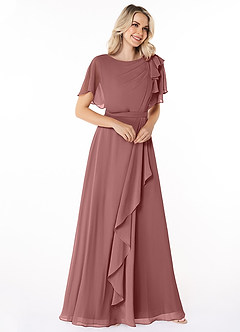Azazie Aaliyah Bescheidene Brautjungfernkleider A-Linie Schaufel Gefaltet Chiffon Bodenlänge Kleid image3