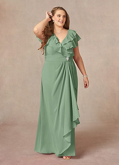 Azazie Snapdragon Kleider für die Brautmutter A-Linie V-Hals Gerüscht Chiffon Kleid Matcha image6