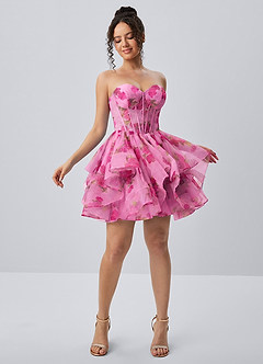 Reliau Rosa Minikleid aus Tüll mit Spitzenprint, Korsett, A-Linie und Schnürung image4