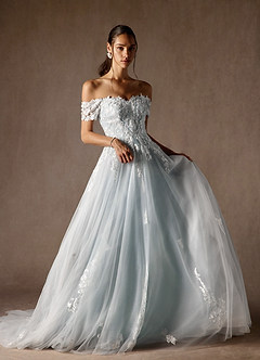 Azazie Rowe Trouwjurken Jurk van Tule met Baljurk Off the Shoulder Bewolkt Blauw image3