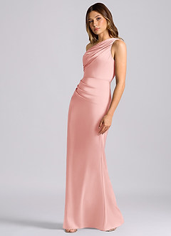 Azazie Akilah Probar vestidos en casa Vestido de Azul Cielo de Satén Elástico de Corte Sirena con Hombro unilateral image5