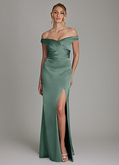 Azazie Teyana Abiti da Damigella Abito Tubino in Raso Elasticizzato a Spalla Scoperta Eucalipto image4