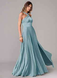 Azazie Afra Brautjungfernkleider A-Linie Plissee Stretch-Satin Kleid Stimmungsvolles Blau image3