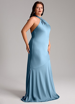 Azazie Lorena Bridesmaid Dresses Steel Blue Mermaid Pleated Stretch Satin Dress image11