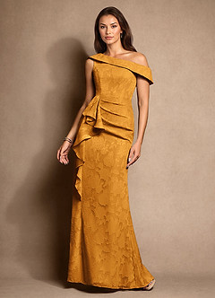 Azazie Hamptons Mother of the Bride Dresses Butterscotch A-Line Pleated Floral Burnout Dress image1