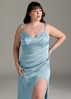 Azazie Yola Vestidos de madrinha de casamento Vestido Azul Temperamental de Cetim elástico de Bainha com Decote em V Plissado image14