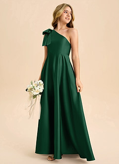 Azazie Penguin Junior Abito A-Line in Raso Elasticizzato Fiocco Verde Scuro image6