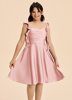 Azazie Kira Junior Vestido de Rosa Empolvado de Satén Elástico de Corte en A con Volante image3