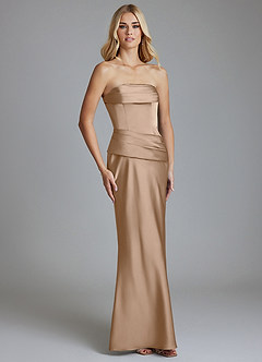 Azazie Lenya Final Sale Taupe Sheath Pleated Stretch Satin Dress image5