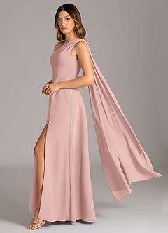 Azazie Tella Robes de demoiselle d'honneur Robe Trapèze en Mousseline de soie Asymétrique Rose Poudré image1