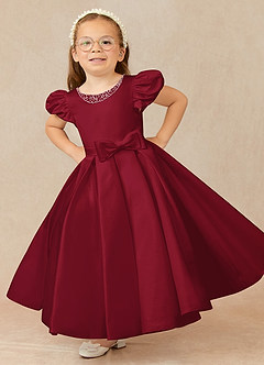 Azazie Jewel Robe Demoiselle D'honneur Fillette Robe Princesse en Mat Satiné Plissée Bourgogne image1