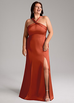 Azazie Rue Bridesmaid Dresses Rust A-Line Pleated Stretch Satin Dress image11