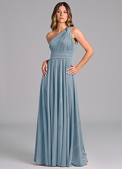 Azazie Charlize Vestidos de damas de honor Vestido de Azul Polvoriento de terciopelo de Corte en A con Hombro unilateral image5