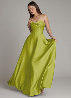 Azazie Meleena Bridesmaid Dresses Lemongrass A-Line Strapless Stretch Satin Dress image5