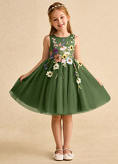 Azazie Prima Blumenmädchenkleider A-Linie Schleifen Tüll Kleid Olivgrün image1